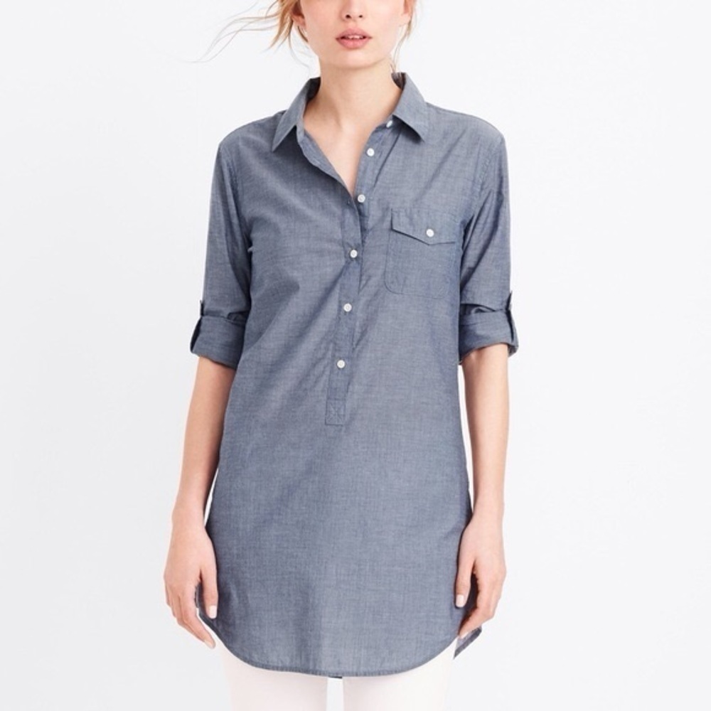 J. Crew Popover tunic Denim-Style Button-Up Shirt Blue chambray Size Small